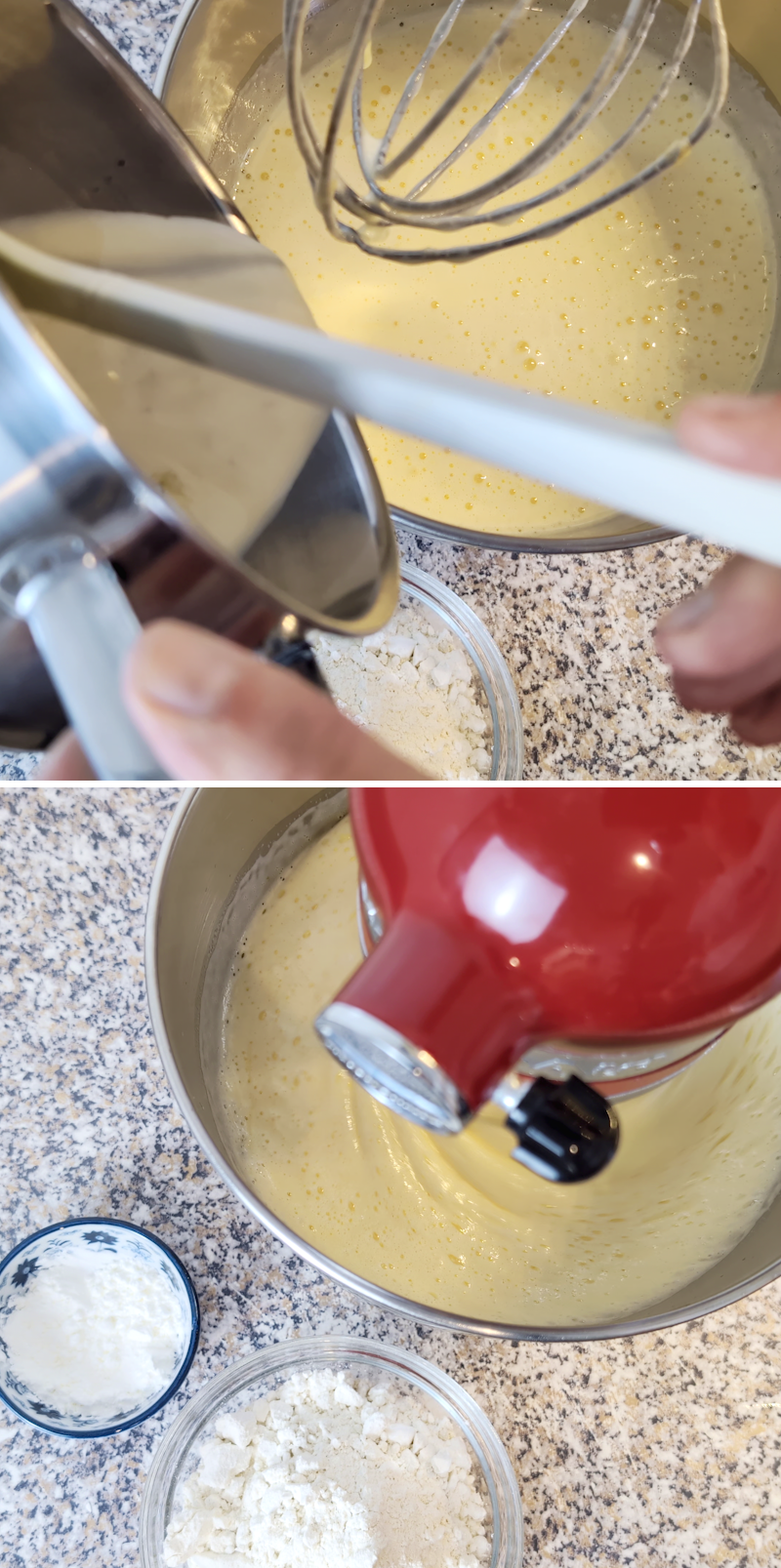 Castella Kuchen Schritt 4 Milch-Honig mit Eier-Zucker verrühren
