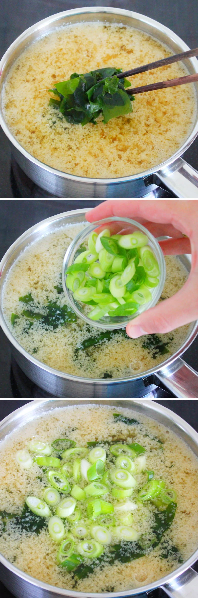 Misoshiru Schritt 9 Wakame und Frühlingszwiebeln hinzufügen