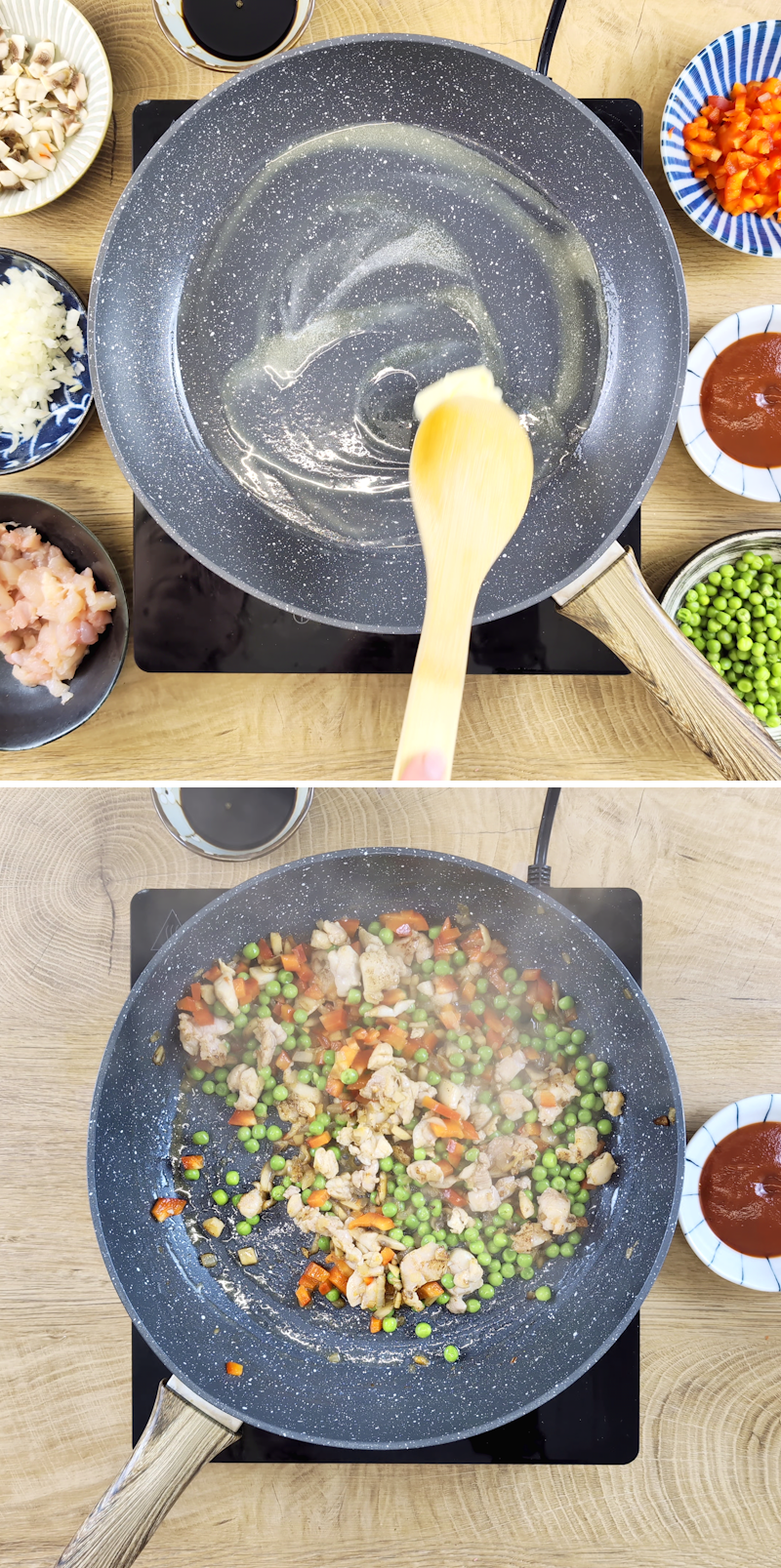 Omuraisu Schritt 5 Gemüse und Fleisch anbraten