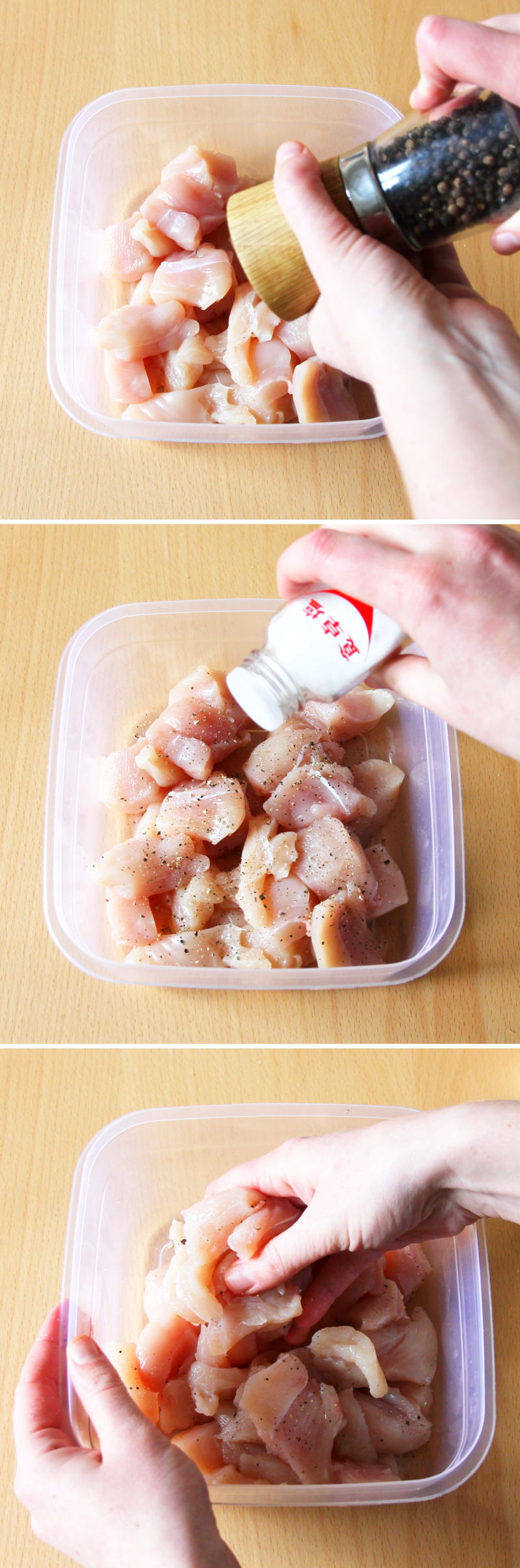 Karaage Schritt 3 Hähnchen würzen