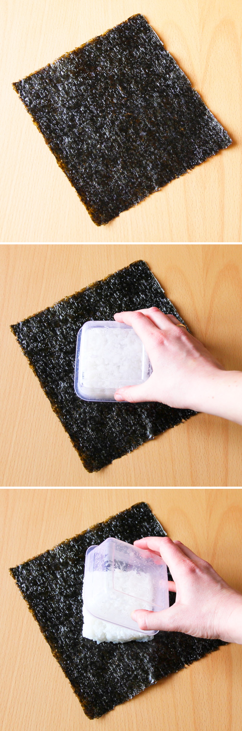 Onigirazu Sushi Sandwich Schritt 3 Reis platzieren