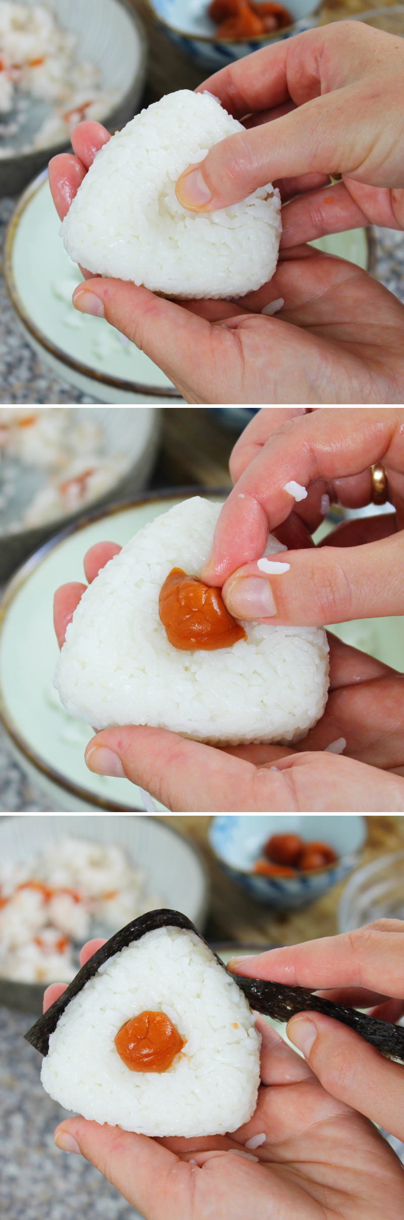 Onigiri mit Ume Schritt 4 Reis füllen und mit Nori umwickeln