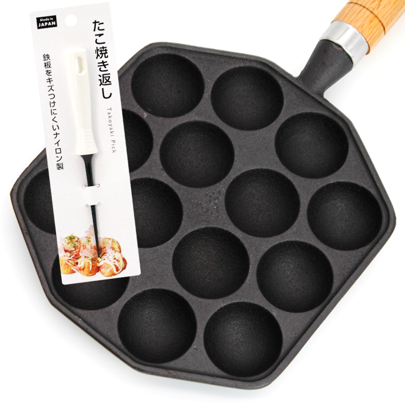 Takoyaki Pfanne aus Gusseisen – 14 Löcher + Pick