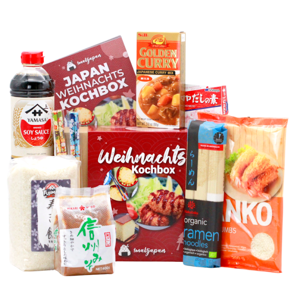 Japan Weihnachtskochbox mit japanischen Zutaten, Essstäbchen und Rezeptheft