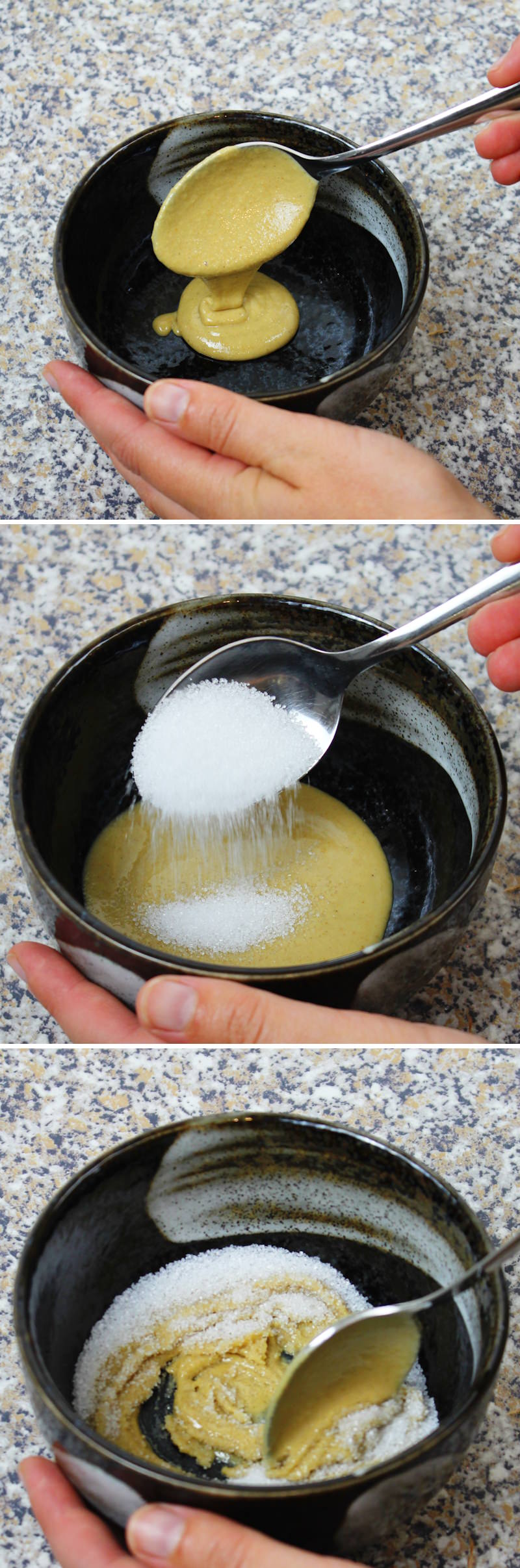 Sesam Sauce Schritt 2 Tahini mit Zucker vermischen