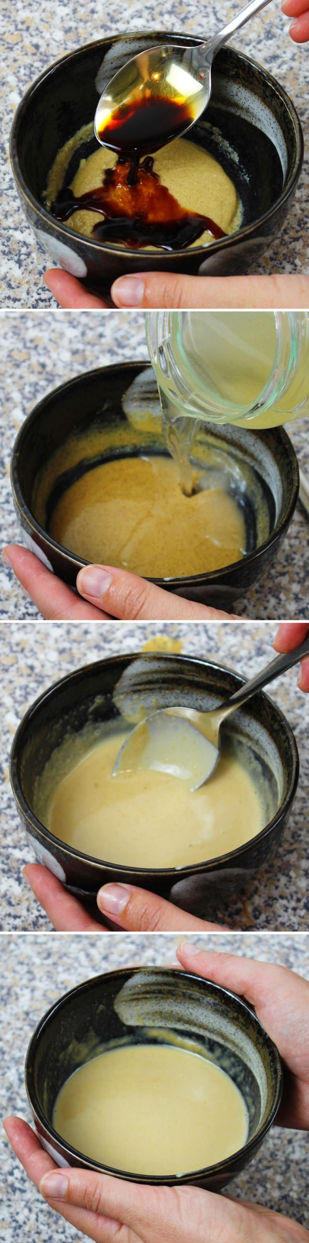 Sesam Sauce Schritt 3 mit Sojasauce, Reisessig und Dashi würzen