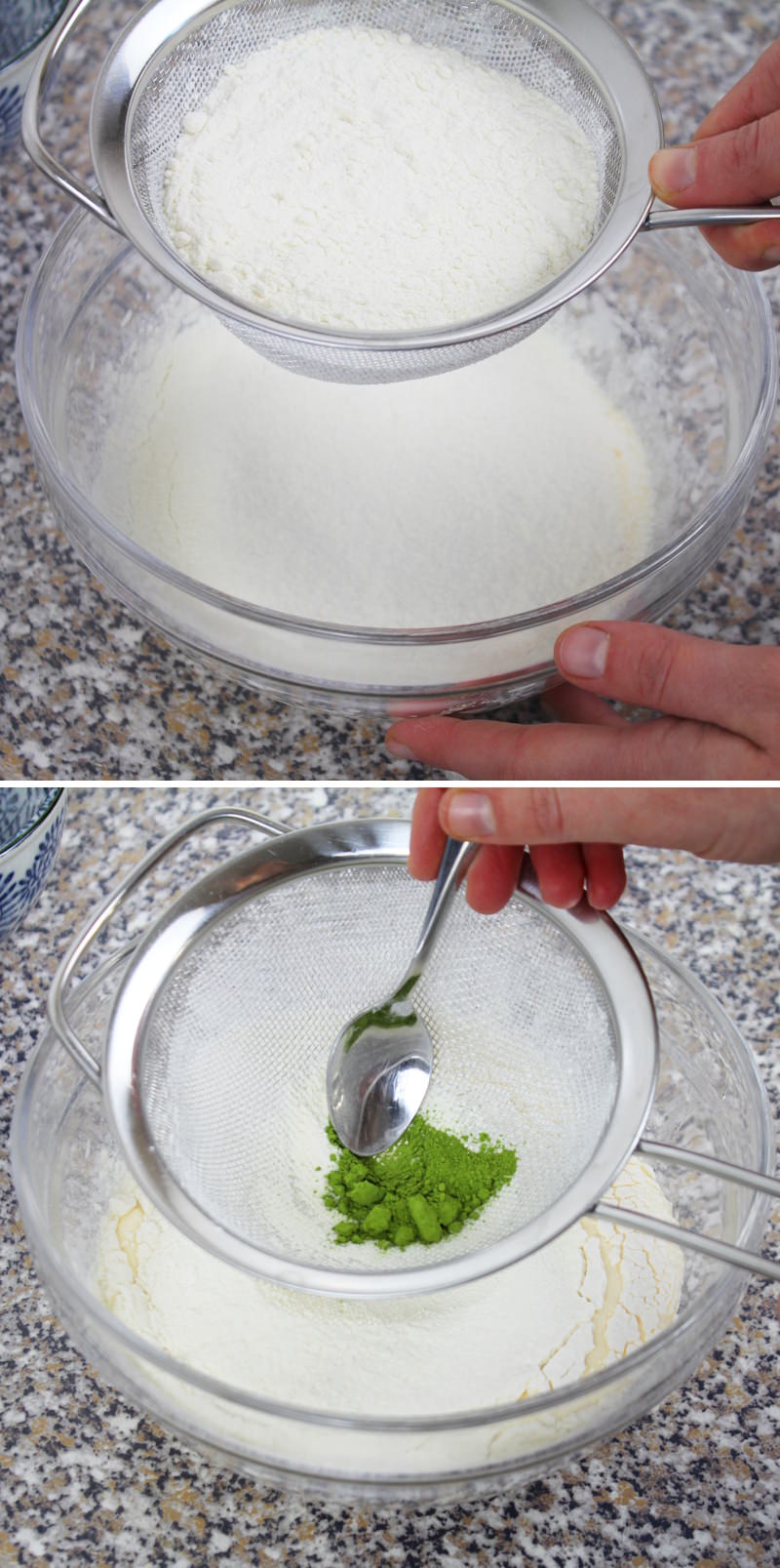 Matcha Muffins Schritt 3 Mehl, Matcha und Backpulver hinzufügen