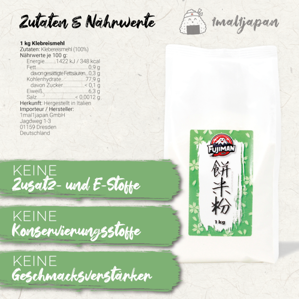 Klebreismehl 1kg (glutinous - ideal für Mochi, Dango und glutenfreies Backen), Fujiman