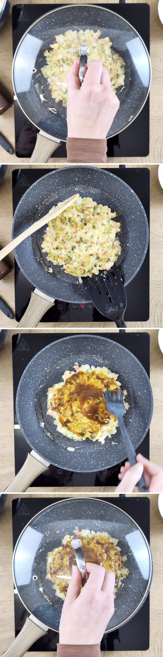 Okonomiyaki Schritt 8 mit Sauce bestreichen