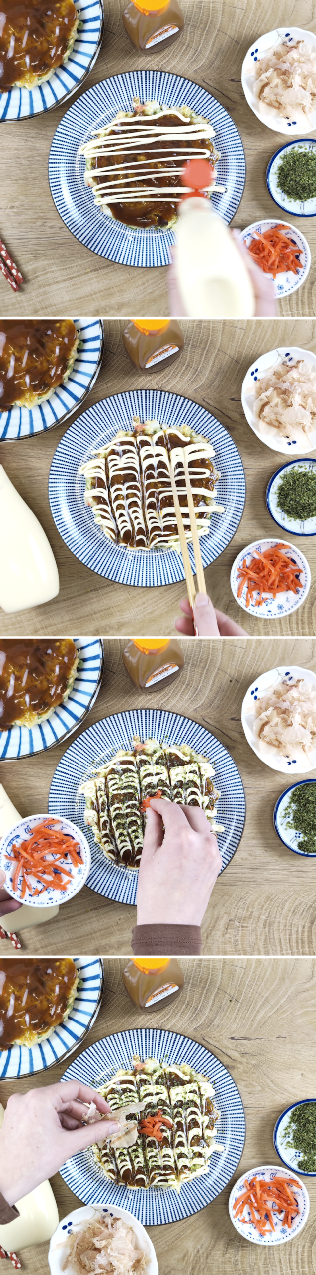 Okonomiyaki Schritt 9 mit Topping garnieren