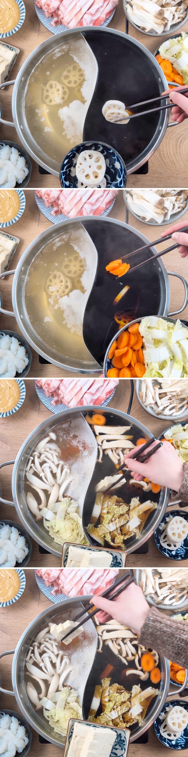 Shabu Shabu Schritt 8 Gemüse in Brühe garen