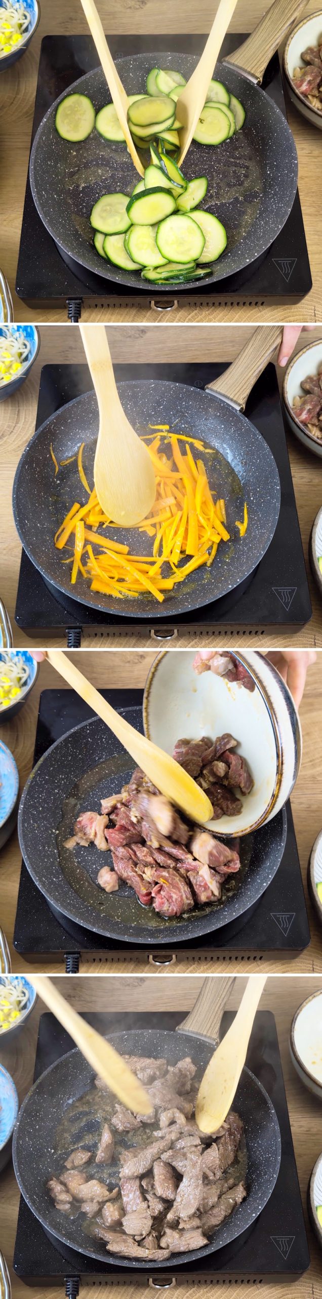 Bibimbap Schritt 10 Gemüse und Fleisch braten
