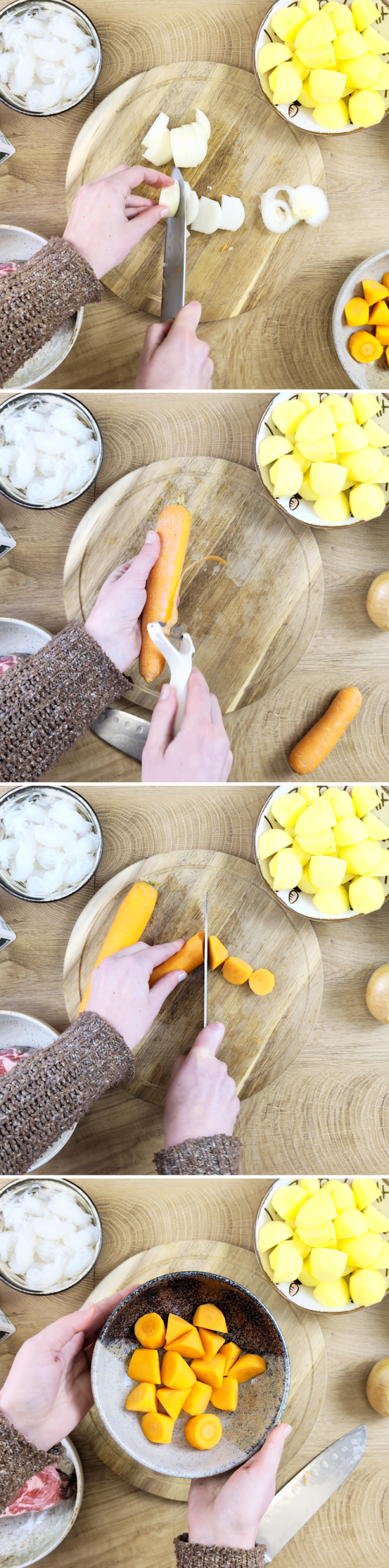 Nikujaga Schritt 3 Zwiebeln und Möhren vorbereiten