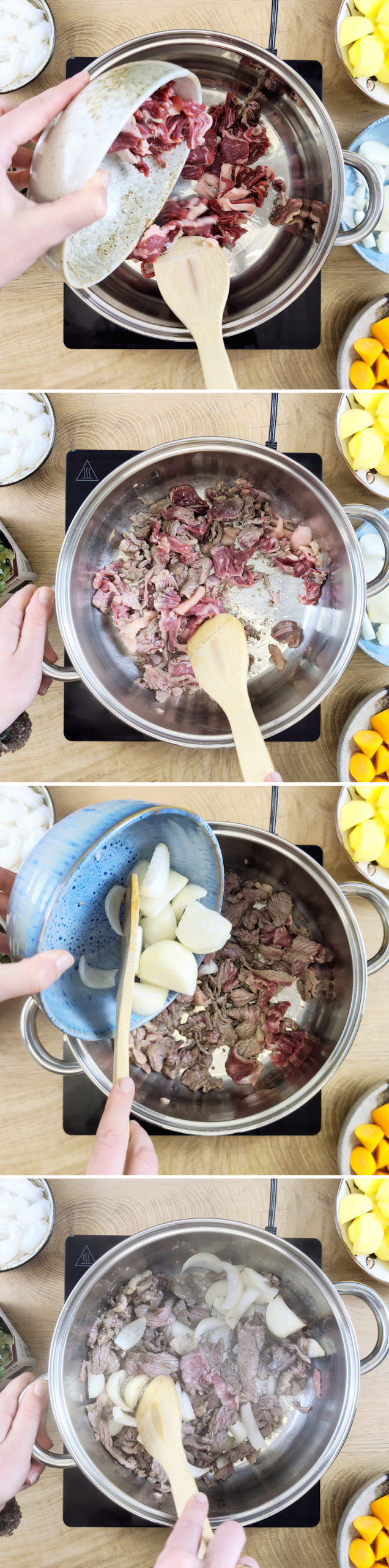 Nikujaga Schritt 5 Rindfleisch und Zwiebeln braten