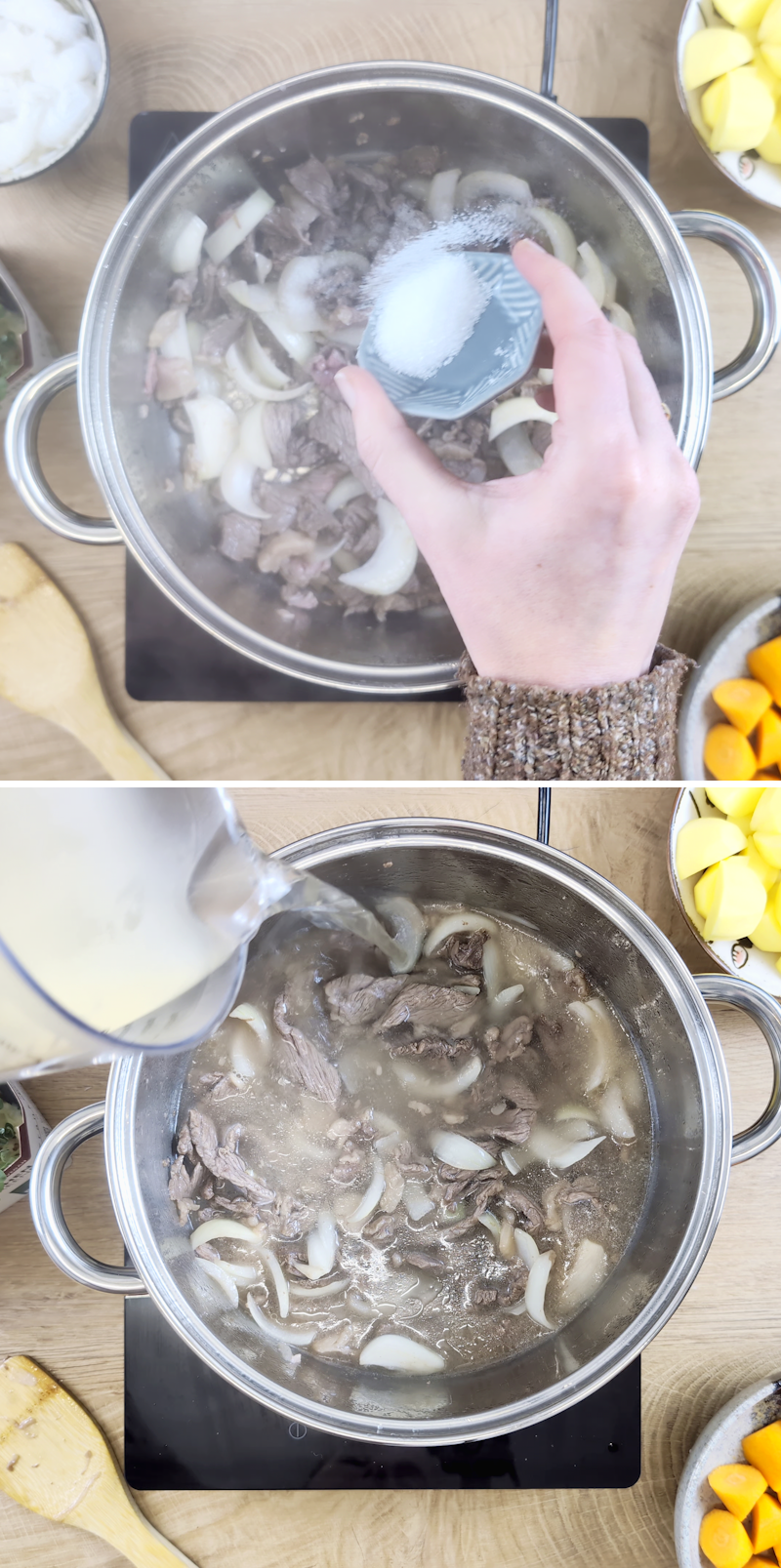 Nikujaga Schritt 6 Zucker und Dashi hinzufügen