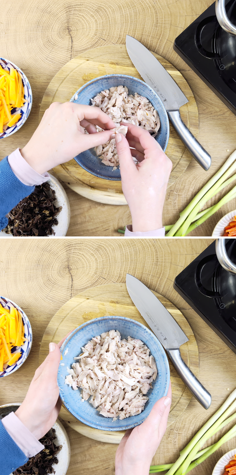 Pekingsuppe Schritt 7 Hähnchenfleisch klein zupfen