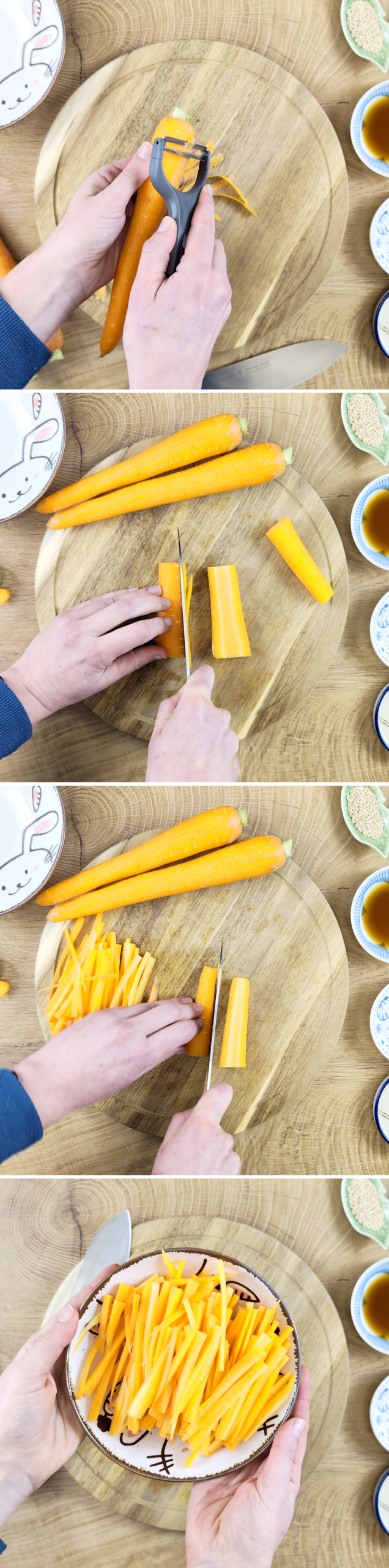 Ninjin no kinpira Schritt 2 Karotten klein schneiden