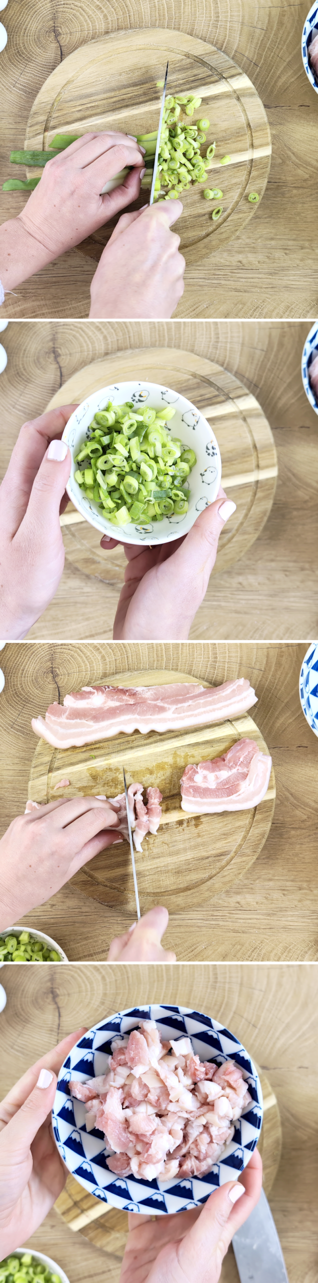 Kimchi Fried Rice Schritt 2 Fleisch und Frühlingszwiebeln klein schneiden