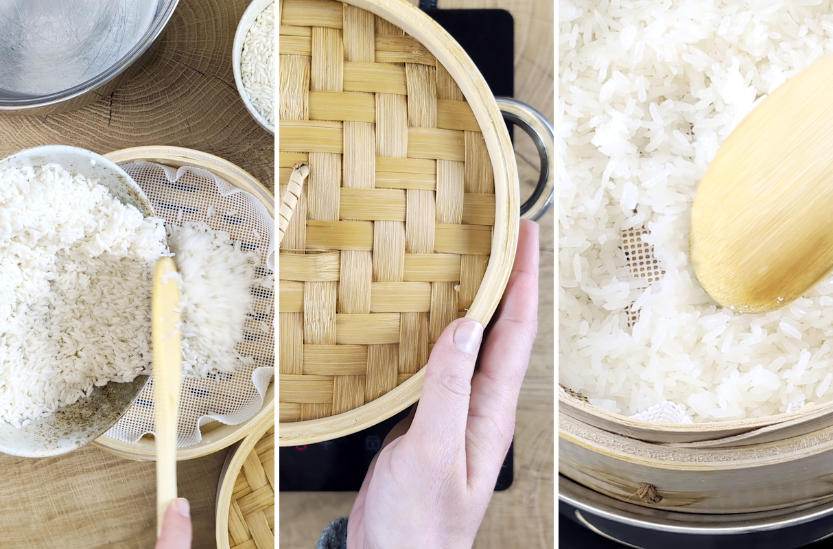 Frisch gedämpfter Klebreis in Bambuskörbchen, perfekt für thailändisches Khao Niao.