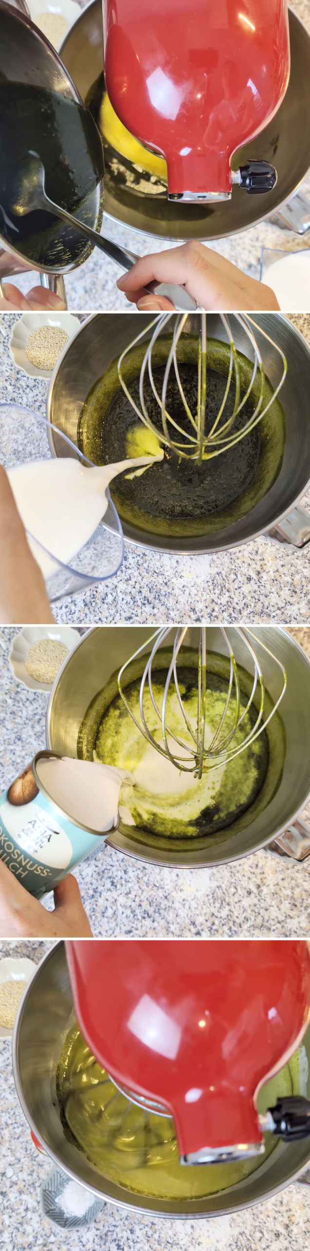 Matcha Butter Mochi Schritt 5 Matcha, Kokosmilch und Milch hinzufügen