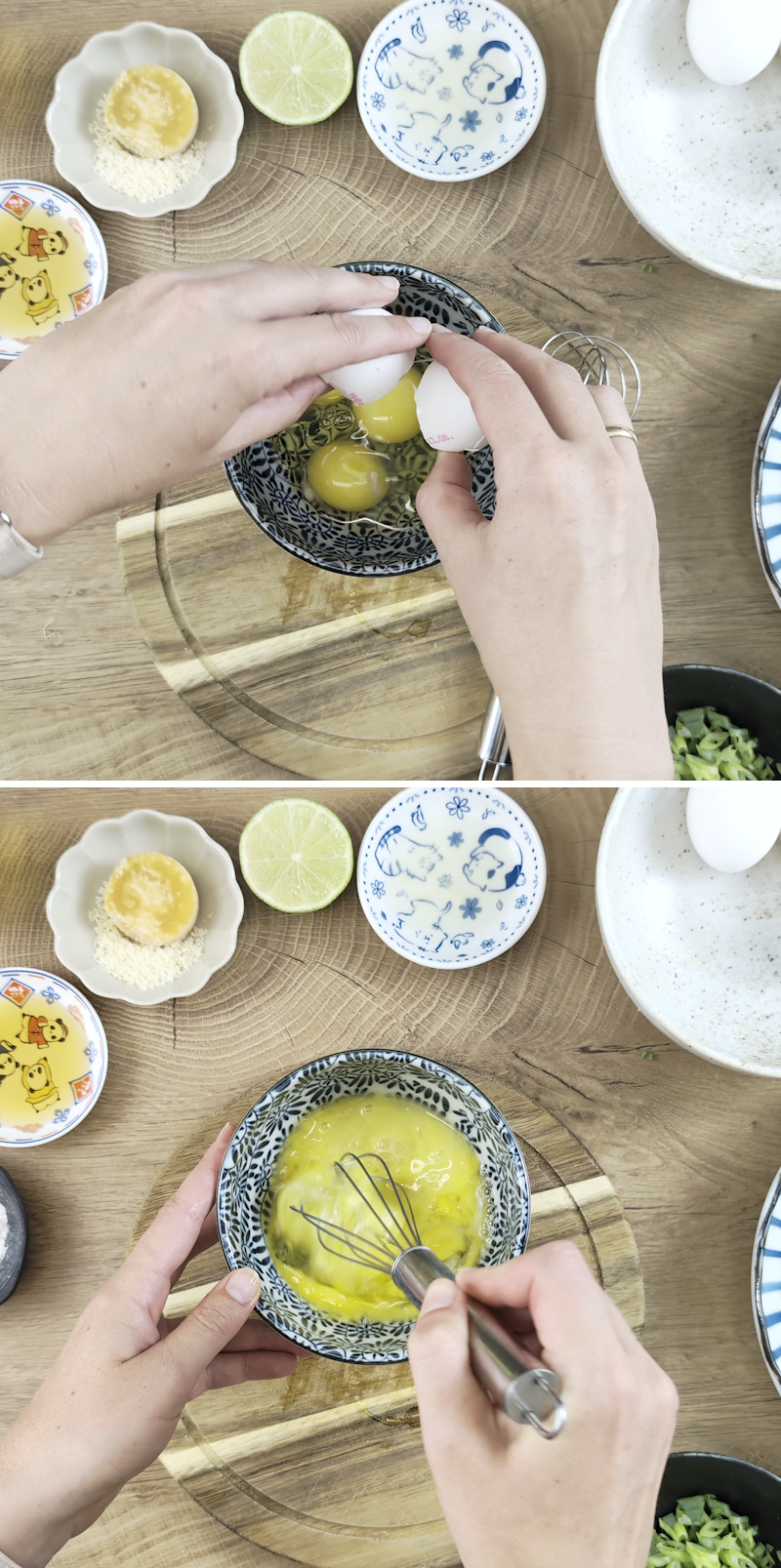 Thai Omelette Schritt 3 Eier für thailändisches Omelett in einer Schüssel verquirlen