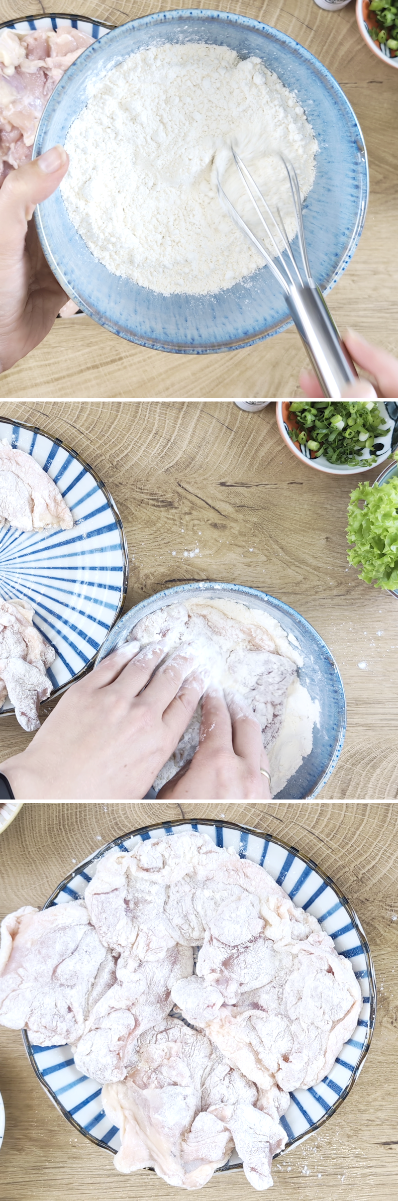 Chicken Teriyaki Schritt 3 Hähnchen mit Mehl und Katakuriko bestäuben